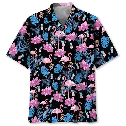 Funny Flamingo Disc Golf Hawaiian Shirt For Summer Vacation, Beach Travel, And Casual Wear