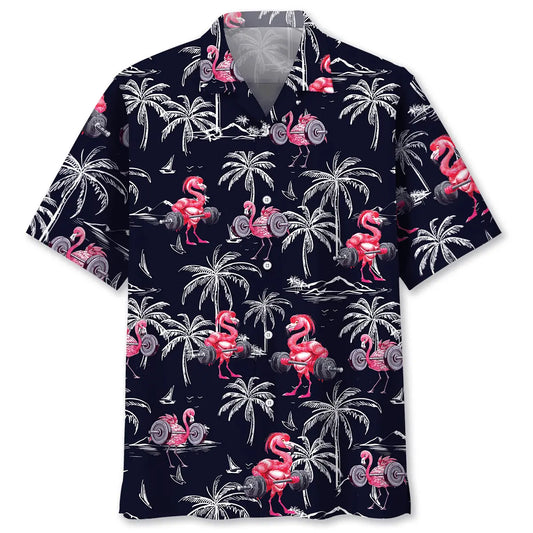 Funny Flamingo Gym Hawaiian Shirt For Island Vacations, Weekend Events, And Relaxed Everyday Outfits