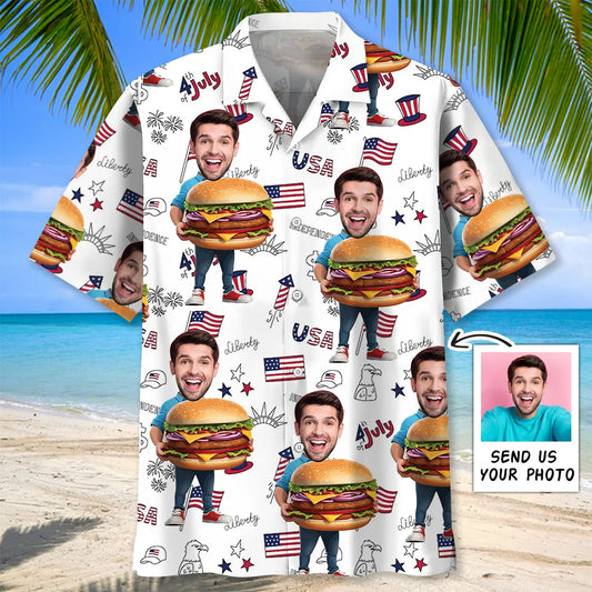 Funny Hamburger Personalized Photo Face Hawaiian Shirt For Resort Trips, Coastal Parties, And Warm Weather Style