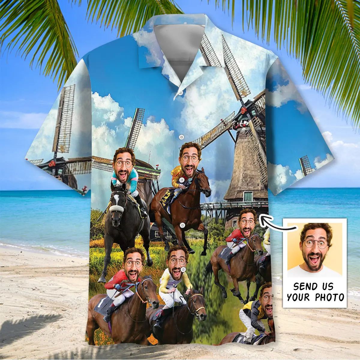 Funny Horse Racing Personalized Photo Face Hawaiian Shirt For Island Vacations, Resort Wear, And Relaxed Seasonal Style