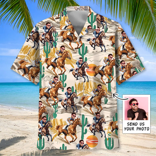Funny Horse Racing Desert Personalized Photo Hawaiian Shirt For Summer Vacation, Beach Travel, And Casual Wear