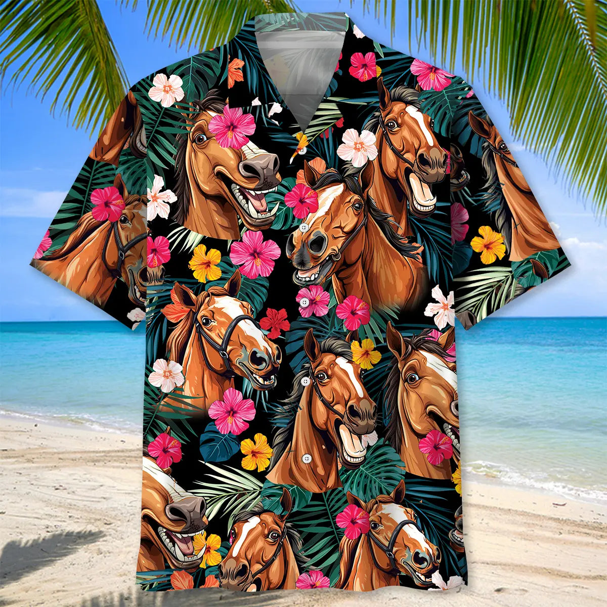 Tropical Funny Horse Hawaiian Shirt For Island Vacations, Resort Wear, And Relaxed Seasonal Style