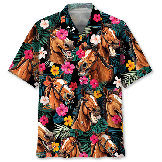 Tropical Funny Horse Hawaiian Shirt For Island Vacations, Resort Wear, And Relaxed Seasonal Style