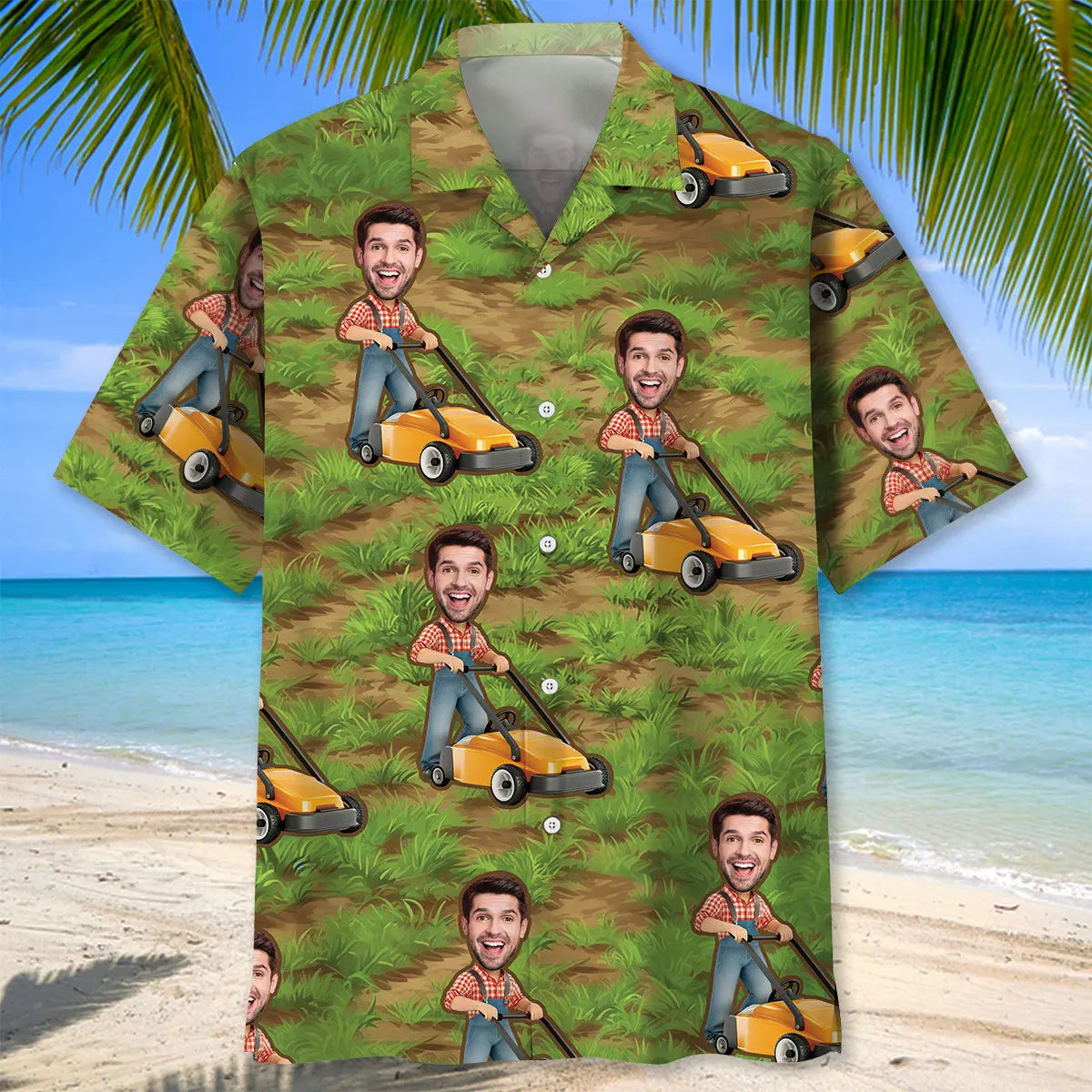 Funny Pushing Lawn Mower Personalized Photo Face Hawaiian Shirt For Summer Vacation, Beach Travel, And Casual Wear