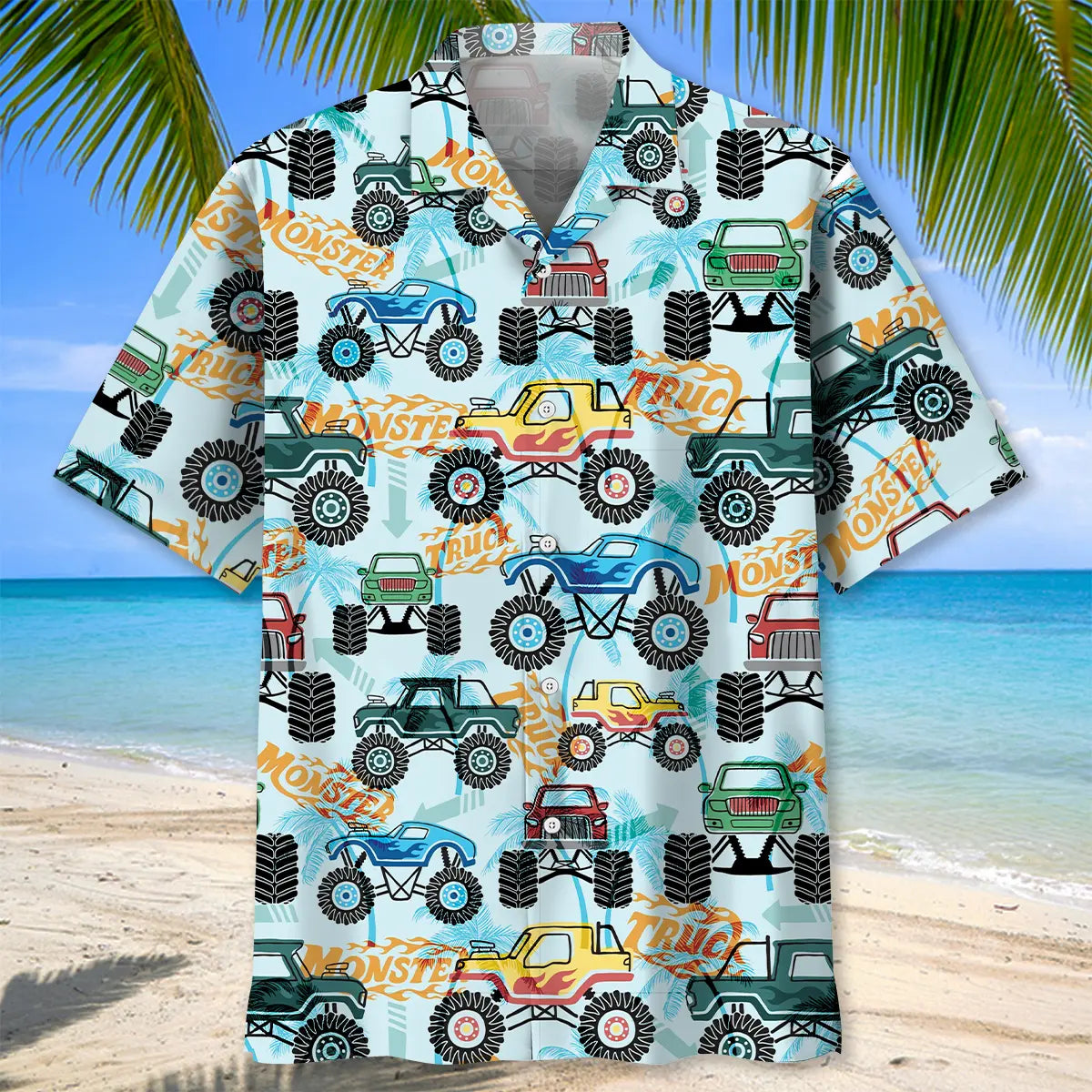 Funny Monster Truck Car Fire Hawaiian Shirt For Family Vacation, Weekend Escape, And Summer Event Style