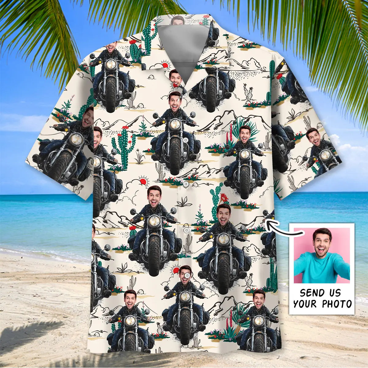 Funny Motorcycle Desert Personalized Photo Face Hawaiian Shirt For Resort Trips, Coastal Parties, And Warm Weather Style
