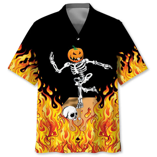 Funny Pumpkin Skeleton Bowling Hawaiian Shirt For Halloween Parties, Beach Trips, And Bold Seasonal Style