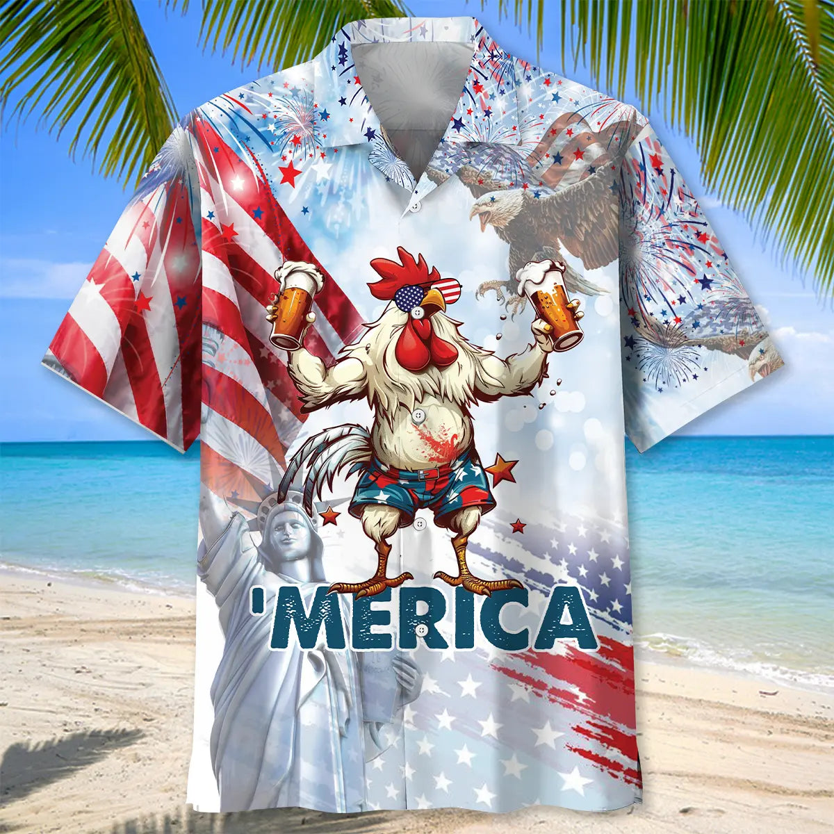 Funny Rooster Happy Of July Hawaiian Shirt For Beach Party And Summer Event Style
