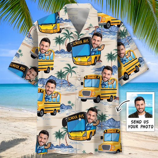 Funny School Bus Personalized Photo Hawaiian Shirt For Island Vacations, Resort Wear, And Relaxed Seasonal Style