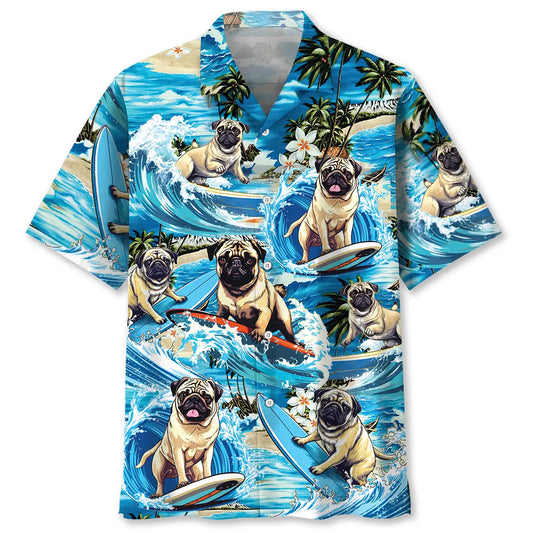 Funny Surfing Pug Hawaiian Shirt For Coastal Travel, Casual Events, And Comfortable Summer Wear