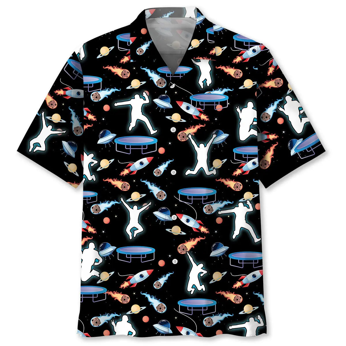 Galaxy Jumping Trampoline Hawaiian Shirt For Coastal Travel, Casual Events, And Comfortable Summer Wear