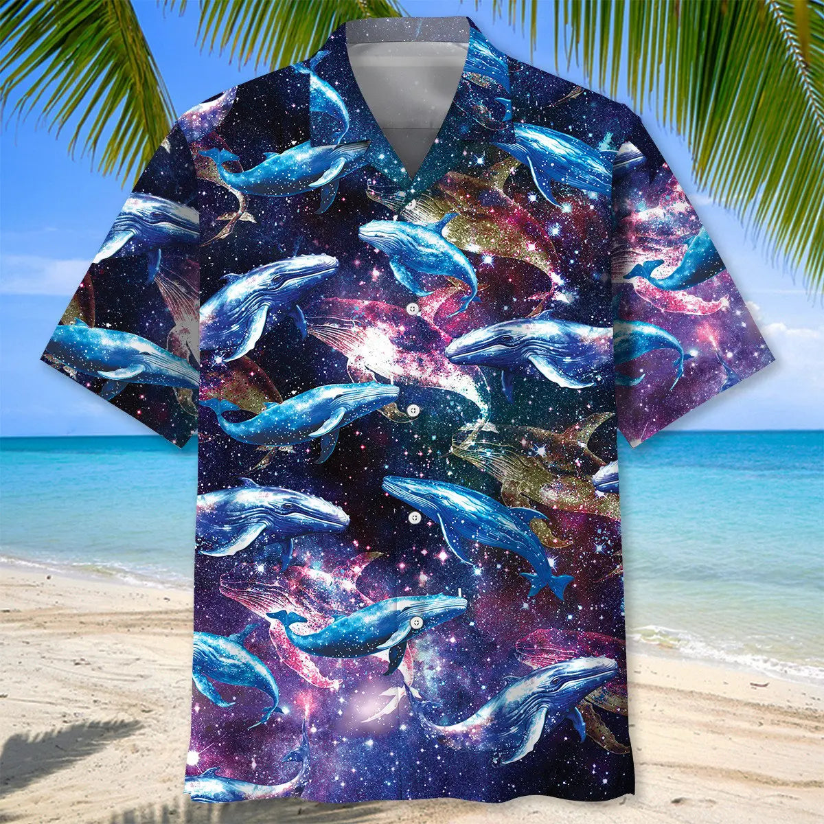 Galaxy Whale Hawaiian Shirt For Summer Vacation, Beach Travel, And Casual Wear
