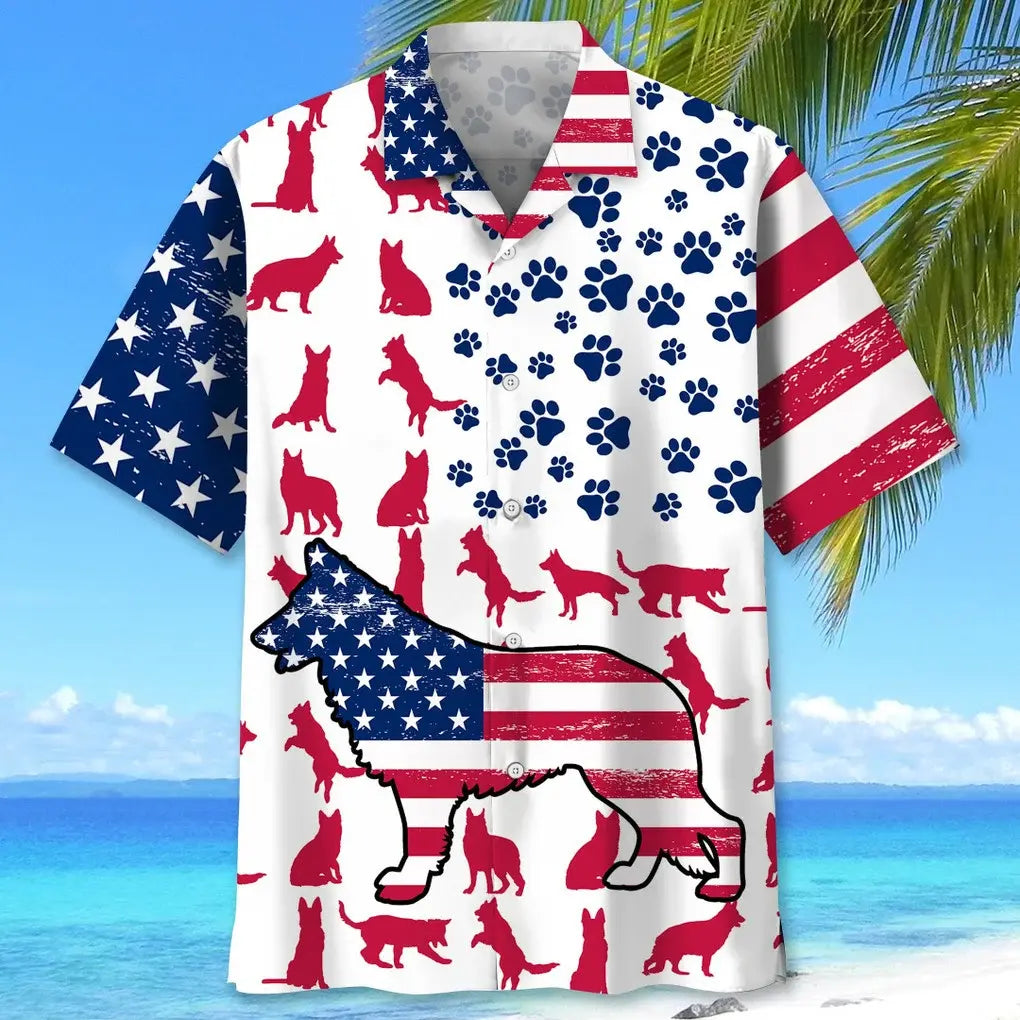 American German Shepherd Flag Hawaiian Shirt For Summer Celebrations, Resort Days, And Relaxed Everyday Wear