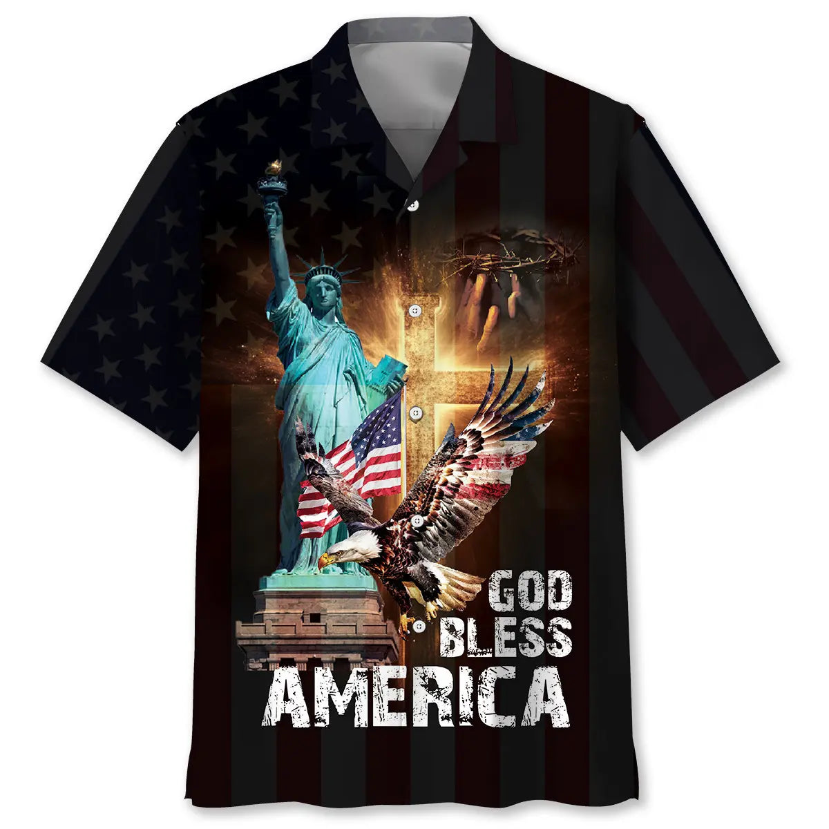 Patriotic Faith Black Hawaiian Shirt For Coastal Travel, Casual Events, And Comfortable Summer Wear