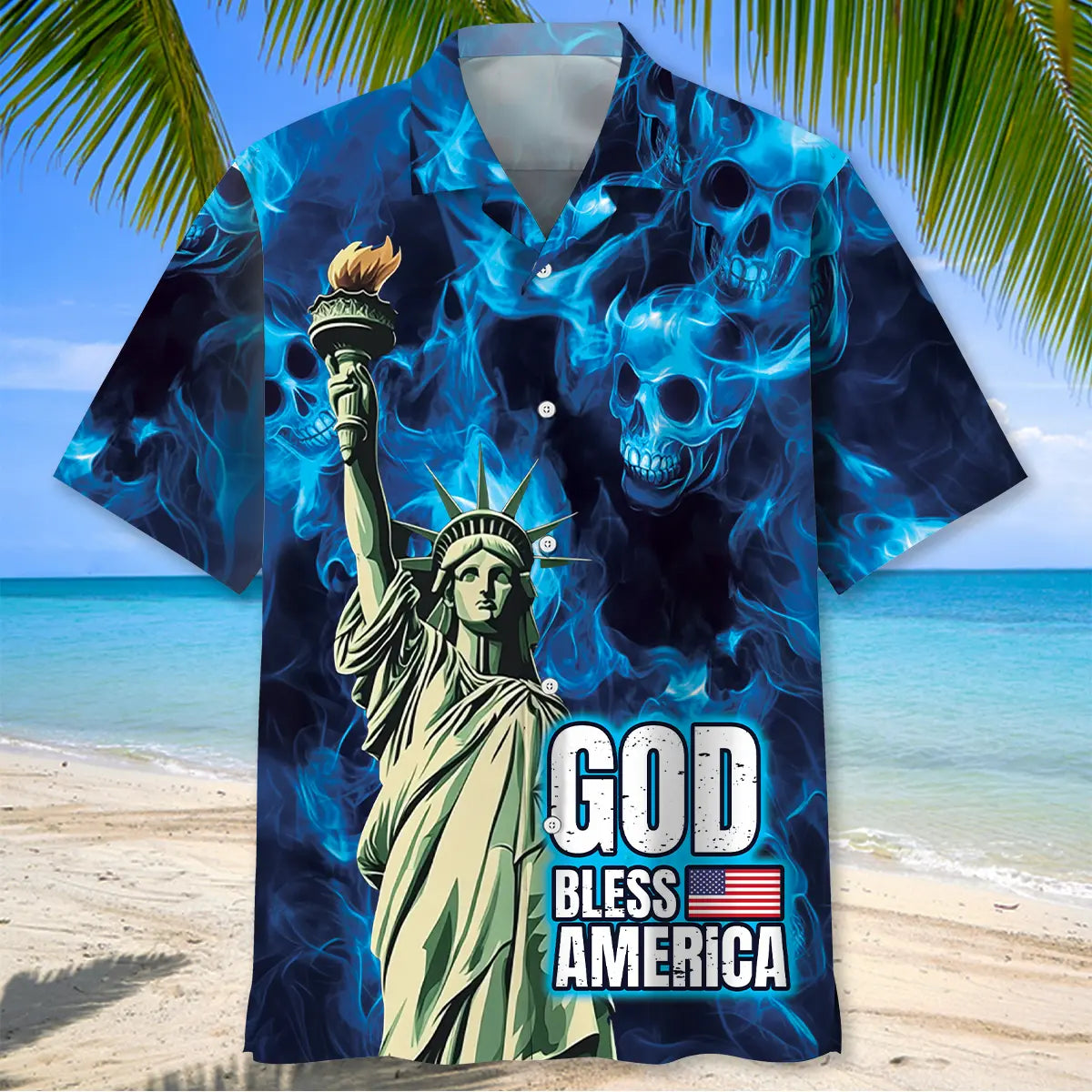 Patriotic Faith Skull Hawaiian Shirt For Resort Trips, Coastal Parties, And Warm Weather Style