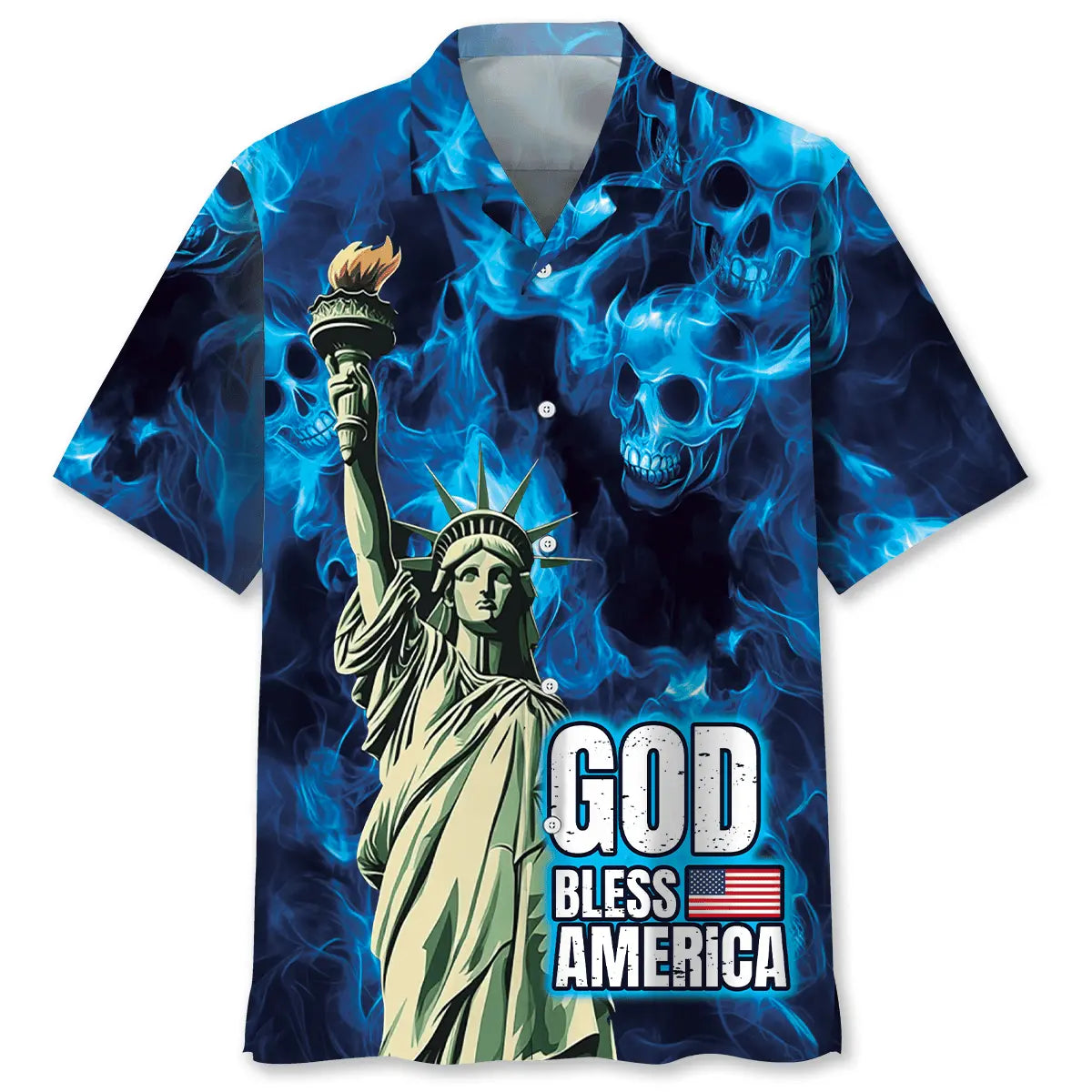 Patriotic Faith Skull Hawaiian Shirt For Resort Trips, Coastal Parties, And Warm Weather Style