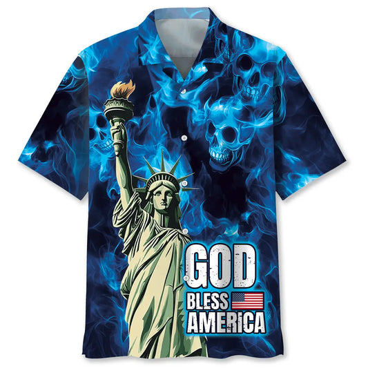 Patriotic Faith Skull Hawaiian Shirt For Resort Trips, Coastal Parties, And Warm Weather Style