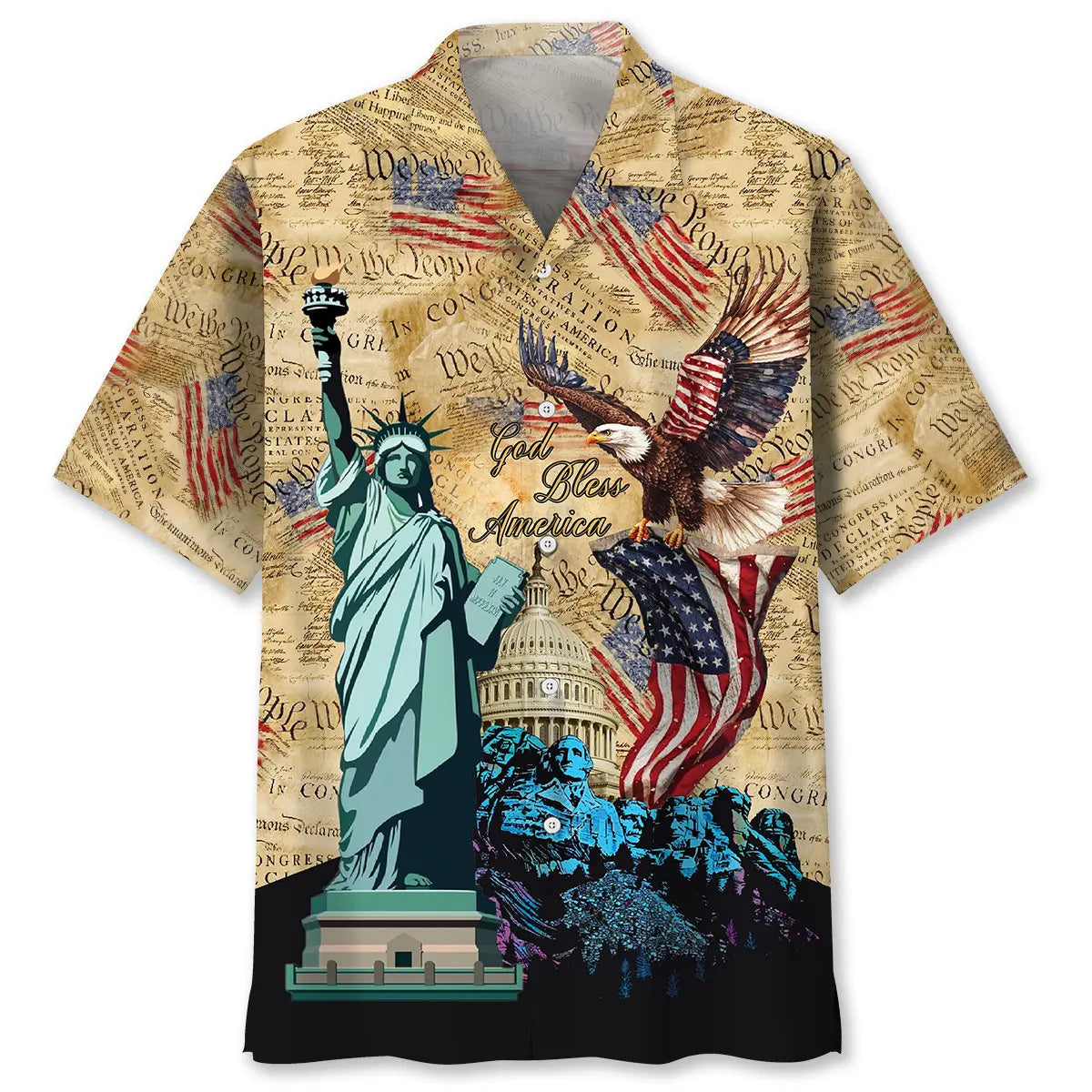 Patriotic Vintage Faith Parchment Hawaiian Shirt For Island Vacations, Resort Wear, And Relaxed Seasonal Style