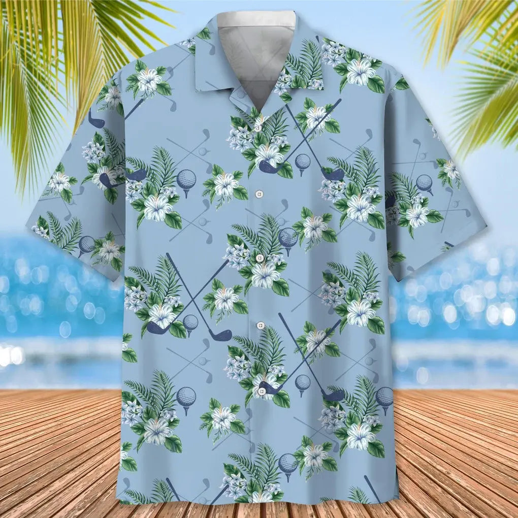 Tropical Golf Blue Hawaiian Shirt For Active Holidays, Resort Trips, And Warm Weather Gatherings
