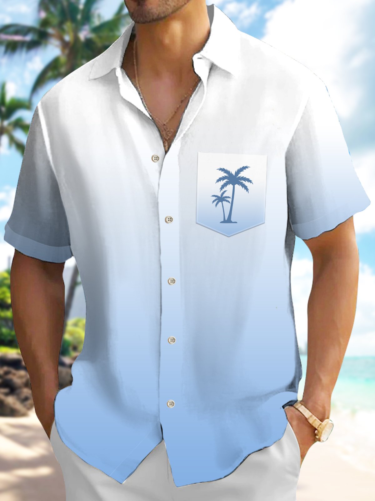 Colorful Gradient Solid Coconut Tree Vacation Hawaiian Shirt For Resort Trips, Coastal Parties, And Warm Weather Style