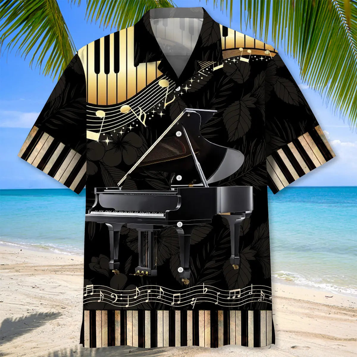 Grand Black Piano Hawaiian Shirt For Summer Vacation, Beach Travel, And Casual Wear