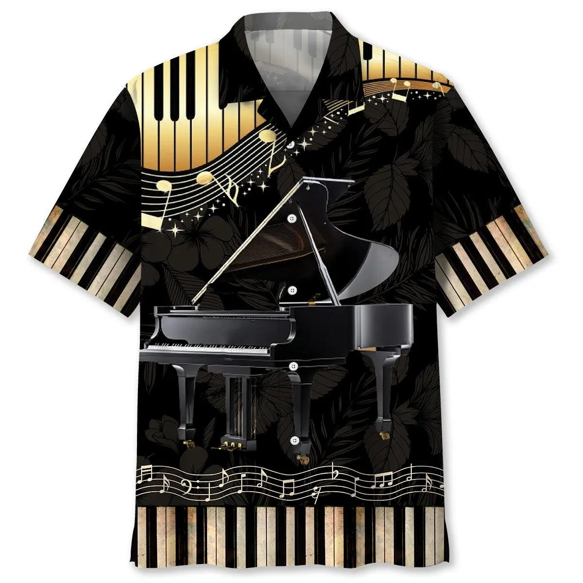 Grand Black Piano Hawaiian Shirt For Summer Vacation, Beach Travel, And Casual Wear