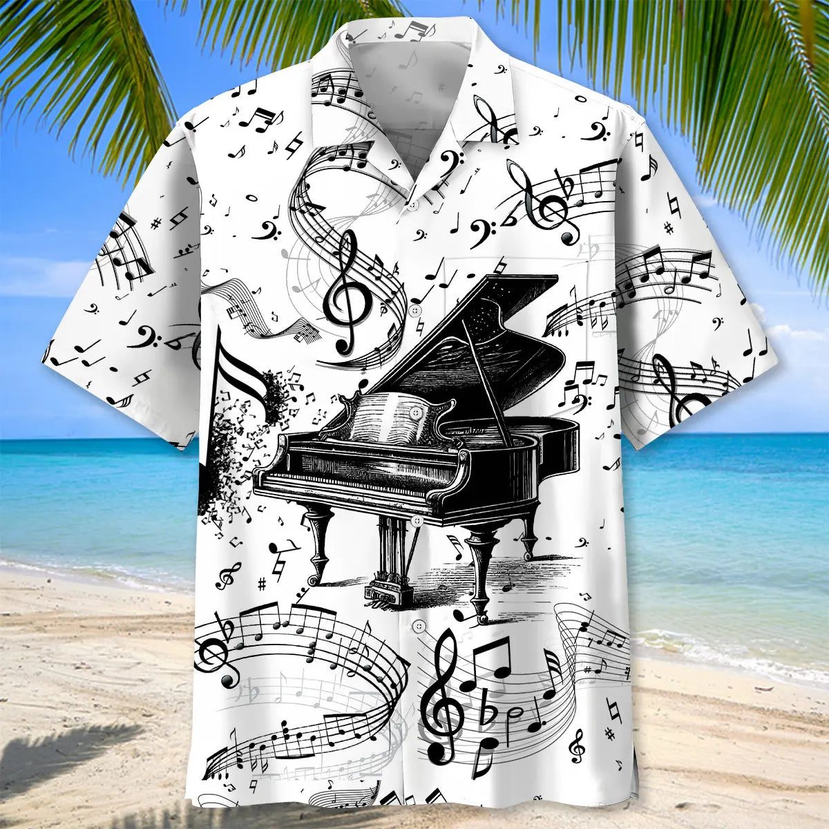 Grand Piano Black White Hawaiian Shirt Pocket