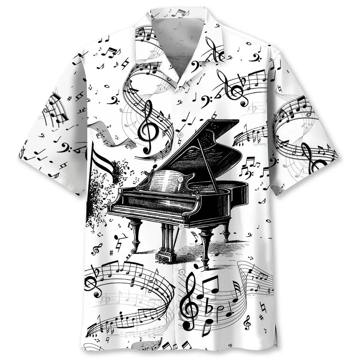 Grand Piano Black White Hawaiian Shirt For Coastal Travel, Casual Events, And Comfortable Summer Wear