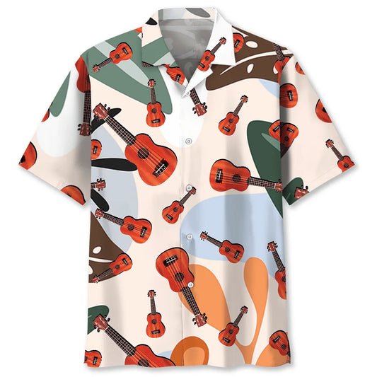 Summer Graphic Ukulele Hawaiian Shirt For Summer Vacation, Beach Travel, And Casual Wear