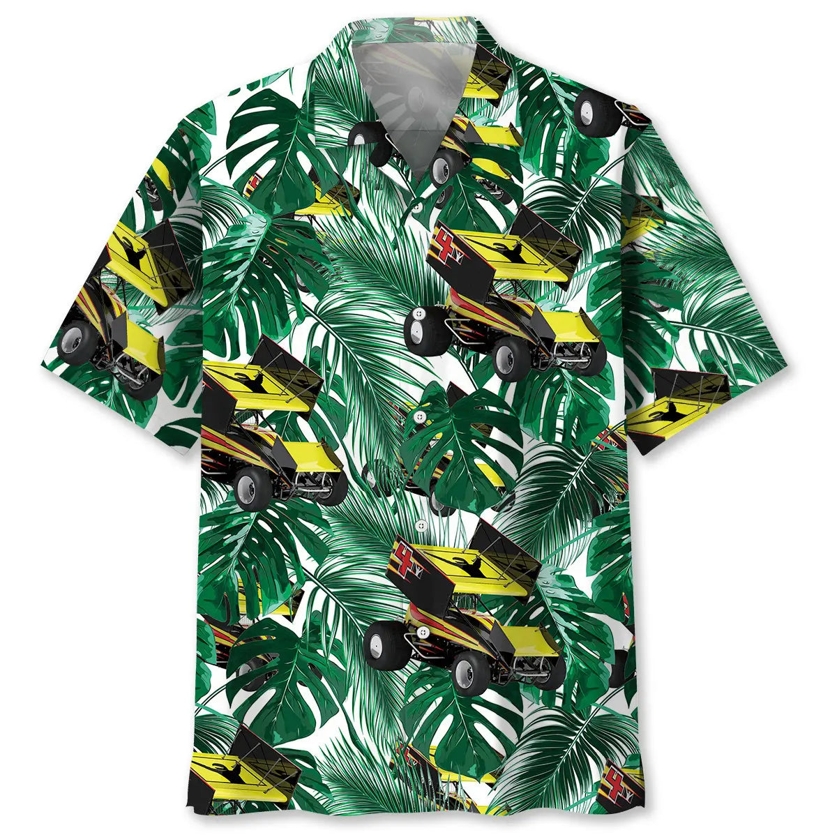 Green Tropical Sprint Car Racing Hawaiian Shirt For Poolside Gathering, Relaxed Getaway, And Everyday Comfort
