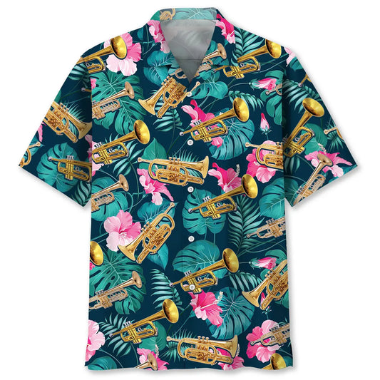 Tropical Green Trumpet Hawaiian Shirt For Tropical Holidays, Outdoor Gatherings, And Everyday Comfort