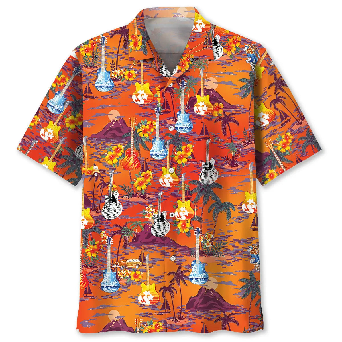 Guitar Beach Hawaiian Shirt For Festival Travel, Beach Gatherings, And Relaxed Summer Style