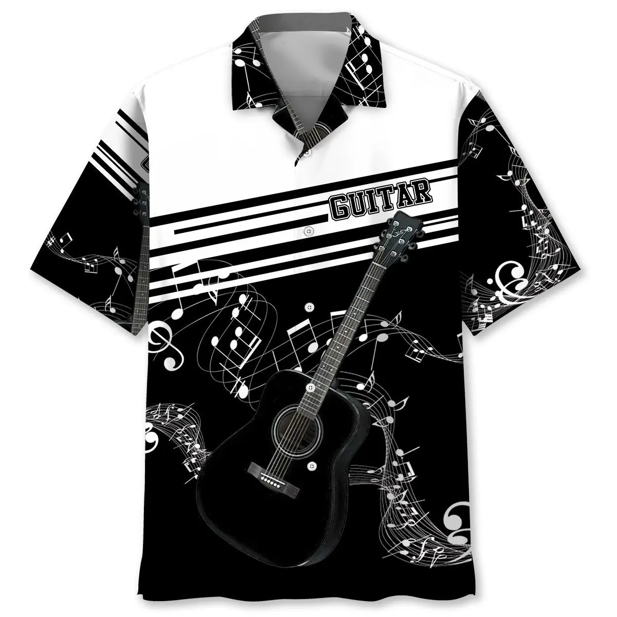 Guitar Black White Hawaiian Shirt For Creative Performers, Coastal Trips, And Casual Everyday Wear