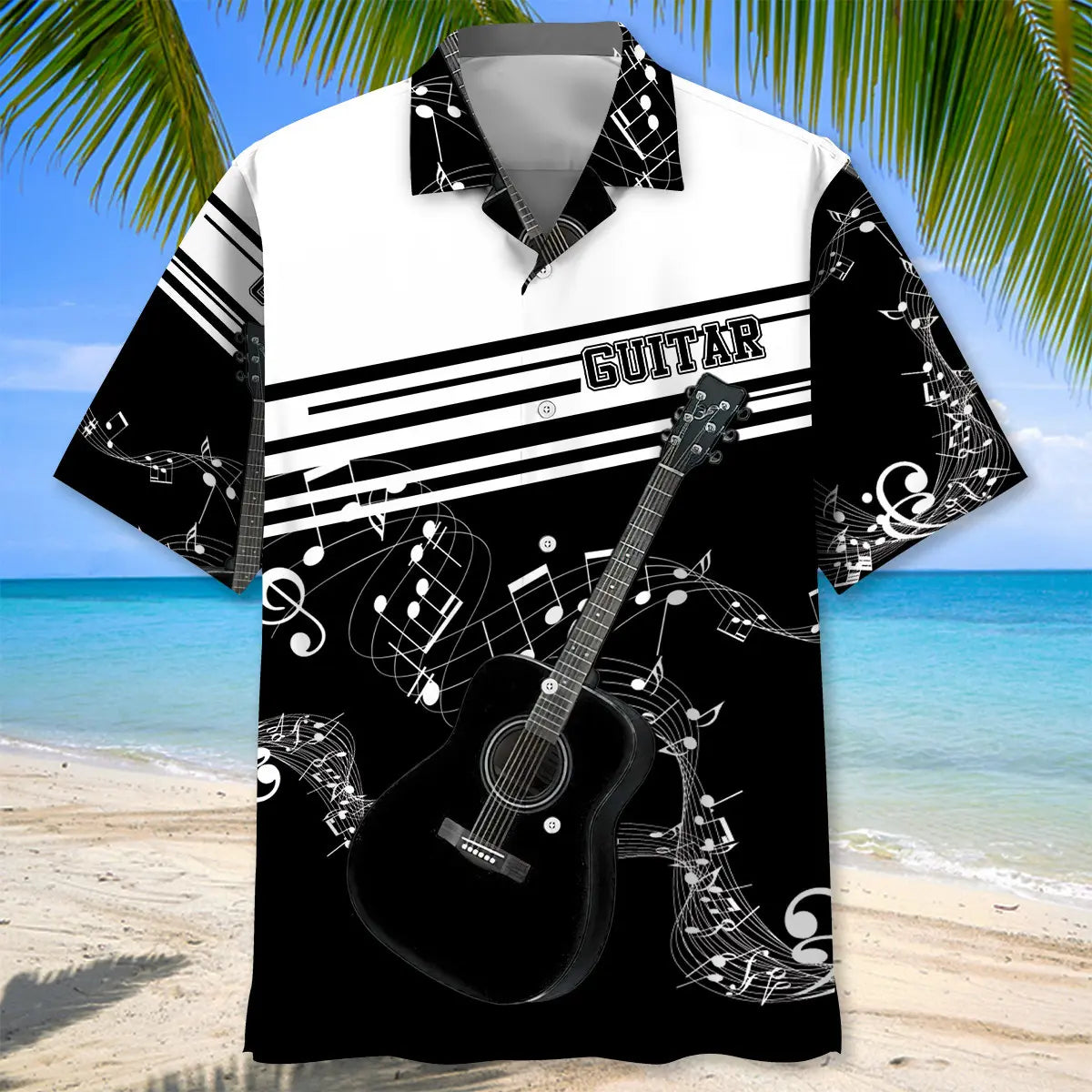 Guitar Black White Hawaiian Shirt For Creative Performers, Coastal Trips, And Casual Everyday Wear