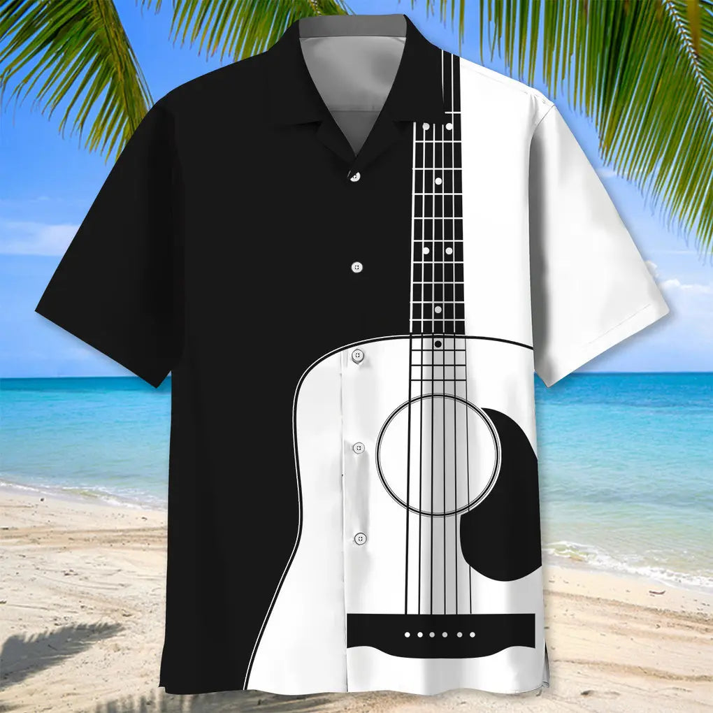 Guitar Black White Pattern Hawaiian Shirt For Concert Lovers, Tropical Holidays, And Thoughtful Gift Giving