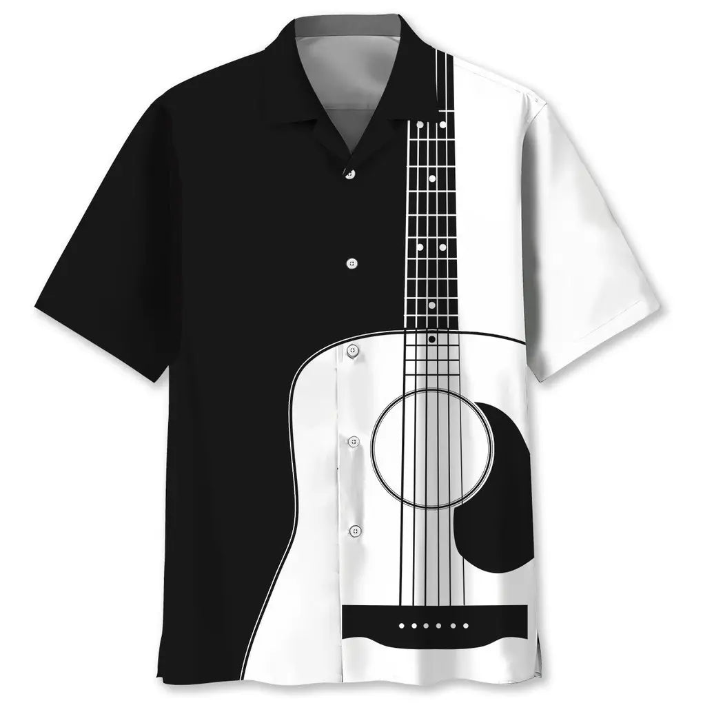 Guitar Black White Pattern Hawaiian Shirt For Concert Lovers, Tropical Holidays, And Thoughtful Gift Giving