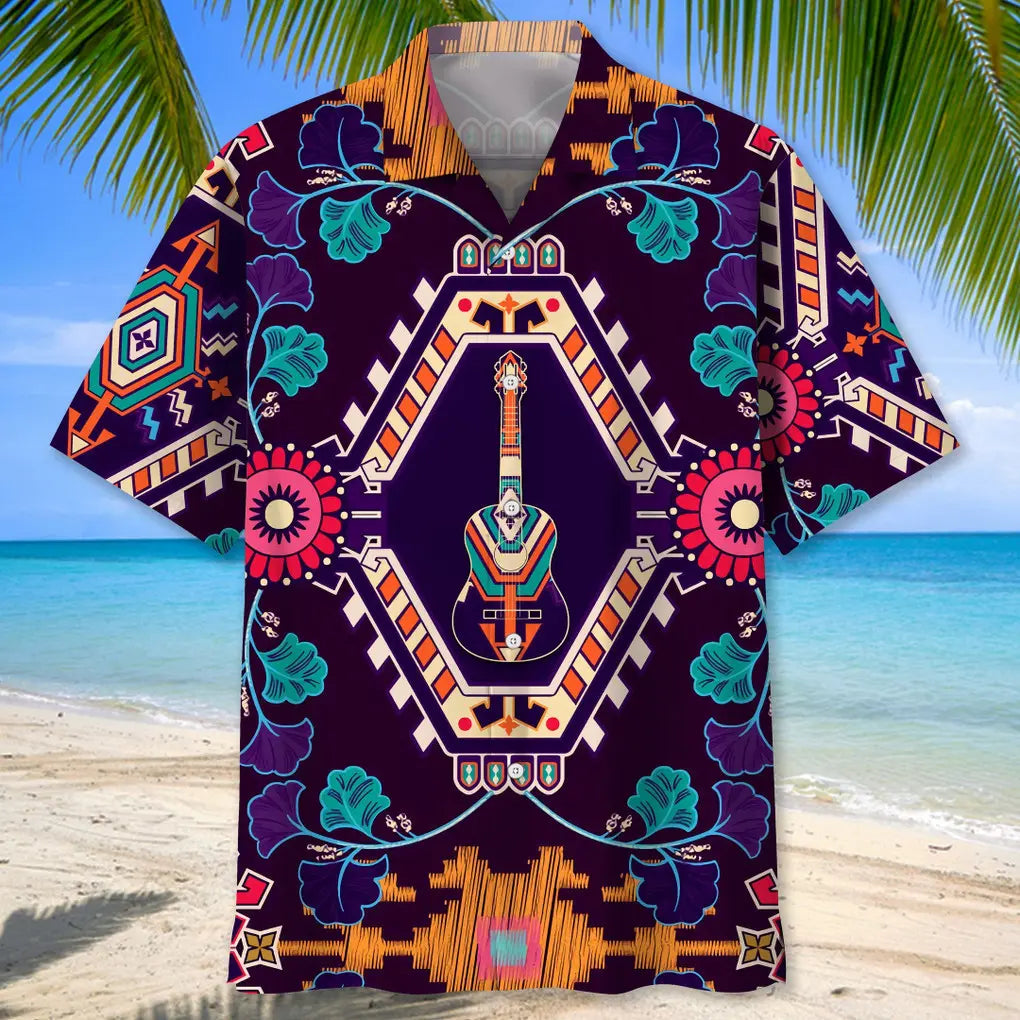 Bohemian Guitar Hawaiian Shirt For Creative Performers, Coastal Trips, And Casual Everyday Wear