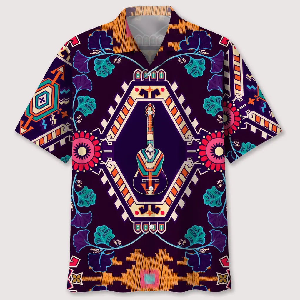 Bohemian Guitar Hawaiian Shirt For Creative Performers, Coastal Trips, And Casual Everyday Wear
