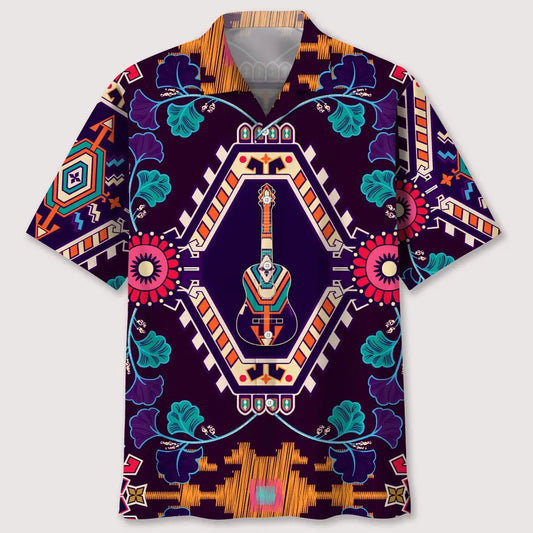 Bohemian Guitar Hawaiian Shirt For Creative Performers, Coastal Trips, And Casual Everyday Wear
