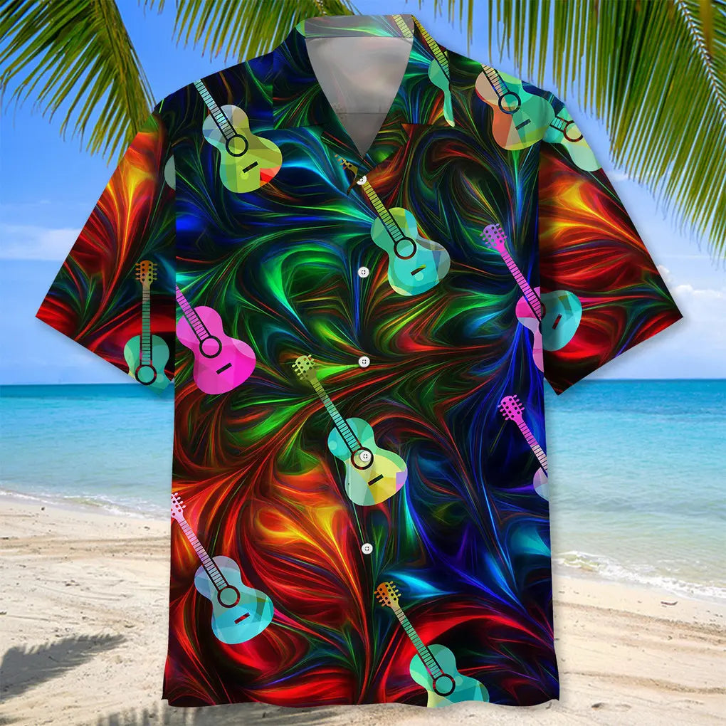 Colorful Guitar Hawaiian Shirt For Concert Lovers, Tropical Holidays, And Thoughtful Gift Giving