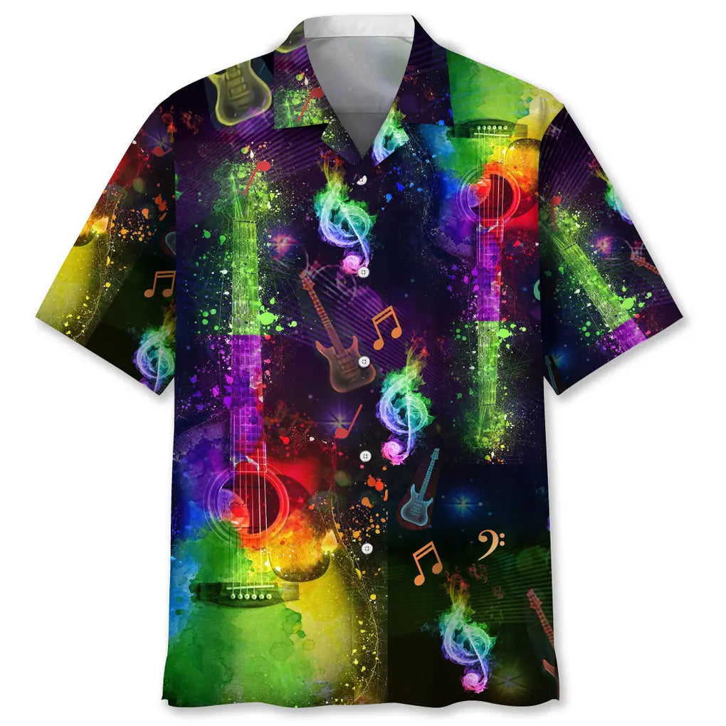 Colorful Guitar Hawaiian Shirt For Creative Performers, Coastal Trips, And Casual Everyday Wear