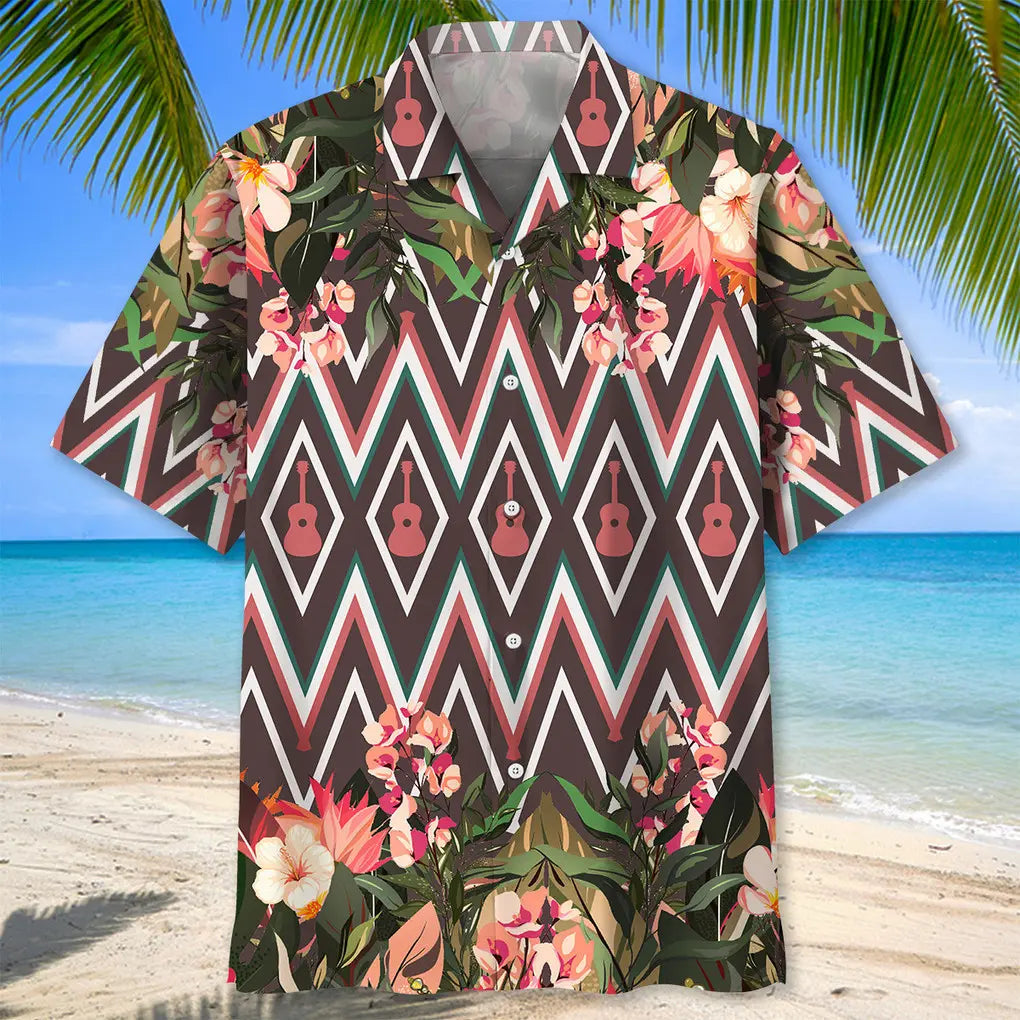 Floral Guitar Hawaiian Shirt For Coastal Travel, Casual Events, And Comfortable Summer Wear