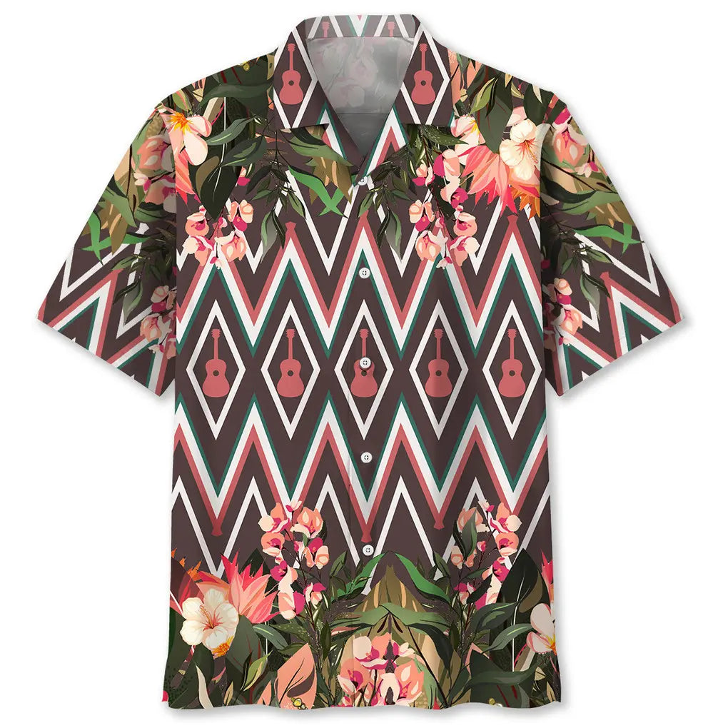 Floral Guitar Hawaiian Shirt For Coastal Travel, Casual Events, And Comfortable Summer Wear