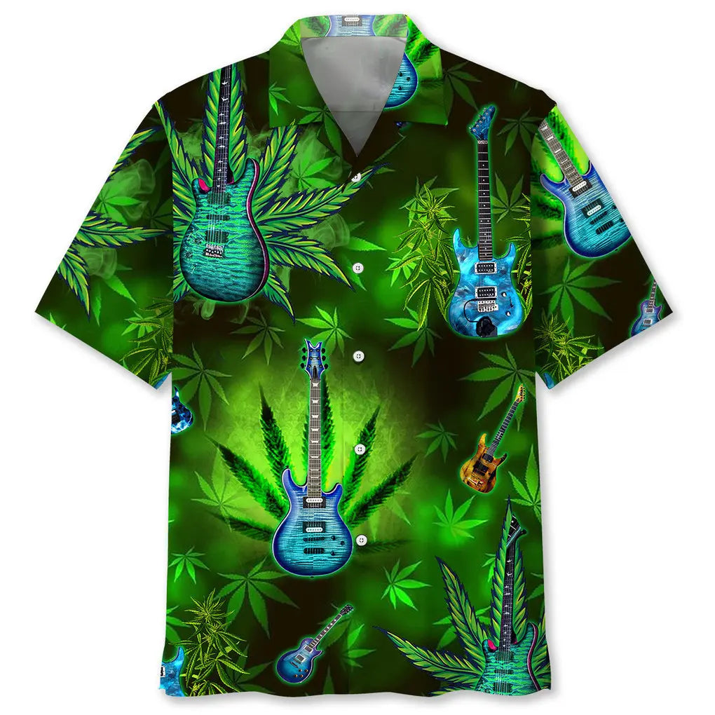 Guitar Green Hawaiian Shirt For Tropical Holidays, Outdoor Gatherings, And Everyday Comfort
