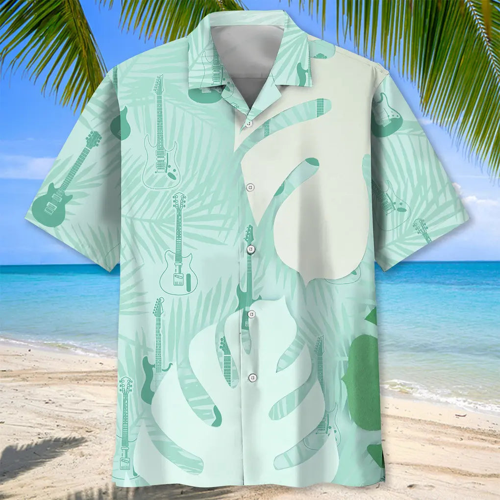 Tropical Guitar Green Hawaiian Shirt For Concert Lovers, Tropical Holidays, And Thoughtful Gift Giving