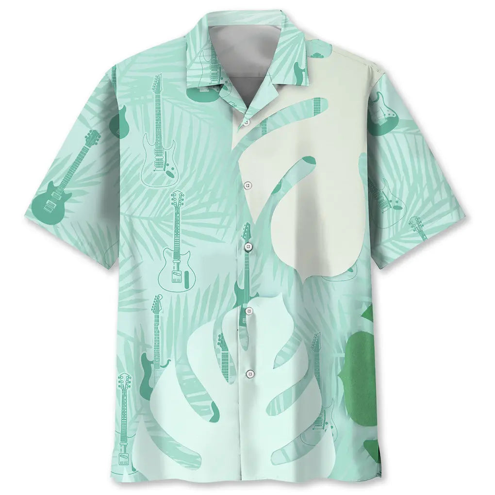 Tropical Guitar Green Hawaiian Shirt For Concert Lovers, Tropical Holidays, And Thoughtful Gift Giving