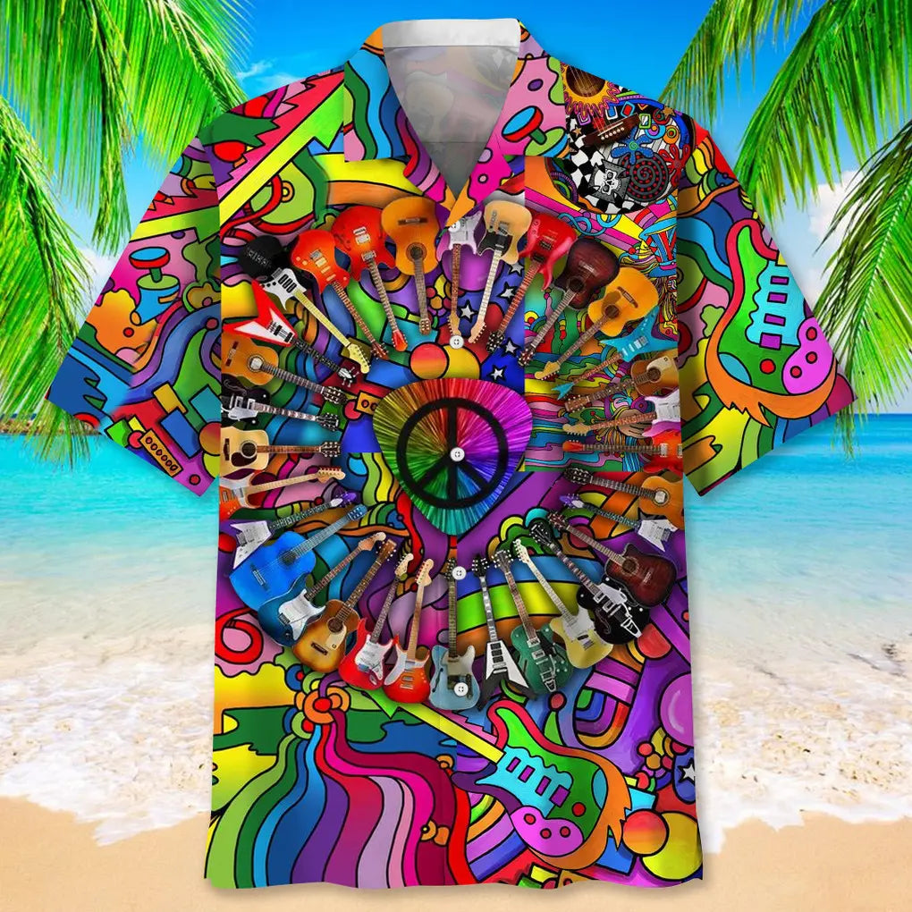 Guitar Hippie Hawaiian Shirt For Creative Performers, Coastal Trips, And Casual Everyday Wear