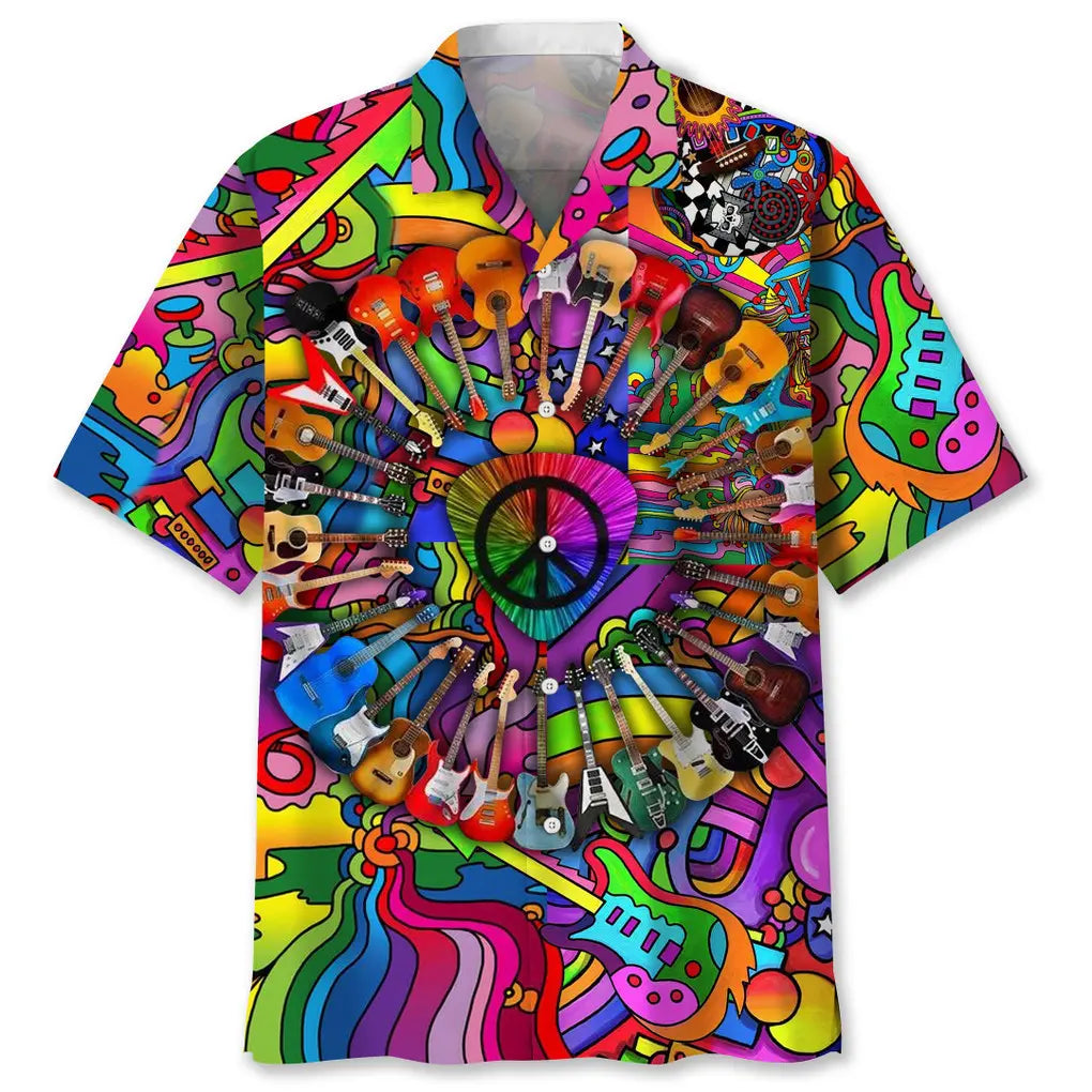 Guitar Hippie Hawaiian Shirt For Creative Performers, Coastal Trips, And Casual Everyday Wear
