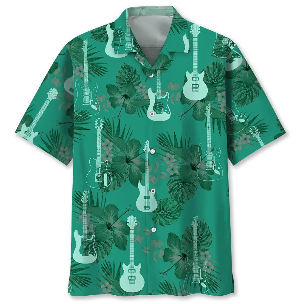 Guitar Kelly Green Hawaiian Shirt For Tropical Holidays, Outdoor Gatherings, And Everyday Comfort