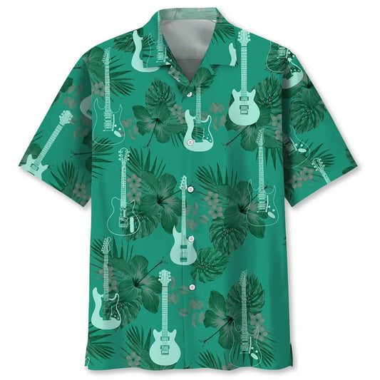 Guitar Kelly Green Hawaiian Shirt For Tropical Holidays, Outdoor Gatherings, And Everyday Comfort